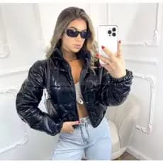 Jaqueta bobojaco feminina Puffer Brilhosa Vinil Preta Com Zíper Moda Inverno Blogueira Fashion