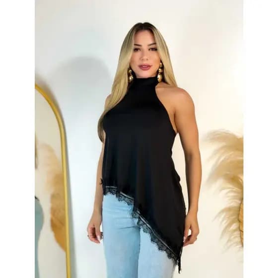 Blusa Feminina Gola Alta Assimétrica Frente Única Com Renda Bata Elegante Tendência Inverno