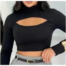 Blusa Cropped Feminino Manga Longa com decote no busto malha canelada gola alta Promoção
