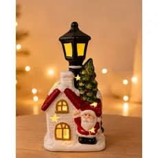 Enfeite de Natal Com Luz Amarela — Decoração Natalina de Cerâmica Árvore de Natal e Papai Noel