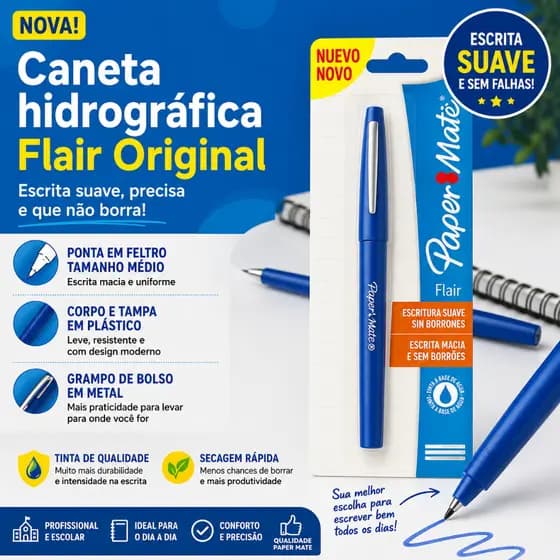 Caneta Hidrográfica Paper Mate Flair Azul Ponta Média Fine Original