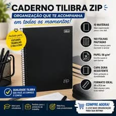 Caderno Universitário Tilibra Zip Preto 10 Matérias 160 Folhas Capa Dura