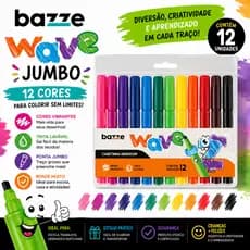 Canetinha Hidrocor Jumbo 12 Cores Bazze Lavável Escolar Estojo Colorido Ponta Grossa Infantil