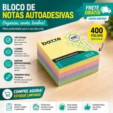 Bloco de Notas Adesivas Coloridas Bazze 76x76mm 400 Folhas Reposicionáveis