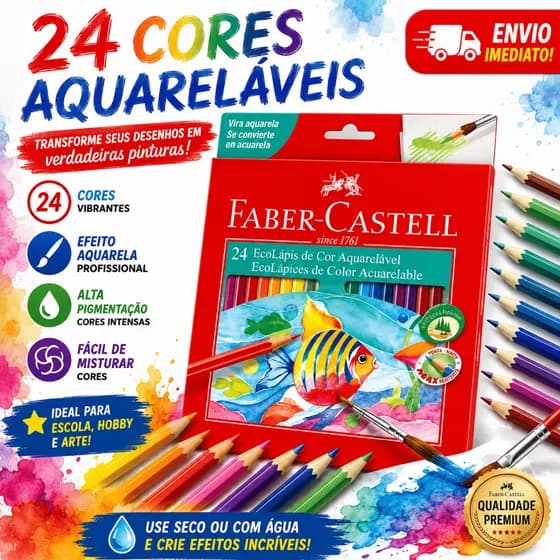 Lápis de Cor Aquarelável Faber-Castell 24 Cores Cores Vibrantes e Efeito Aquarela