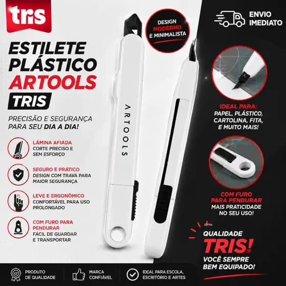 Estilete Plástico Tris Artools Retrátil de Segurança Multiuso Papelaria Escritório