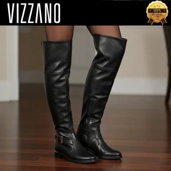 Bota Feminina Vizzano Montaria Cano Longo Salto Baixo Over The Knee Bico Fino Original 3077127