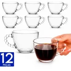 Jogo 12 Xícara Bubble Perola Elegante Vidro 220ml Caneca Café Chá Alça Bolinha Resistente
