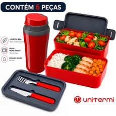 Kit 7 Peças Marmita Fitness e Garrafa Unitermi com Talheres Squeeze 650ml BPA Free Trabalho Academia