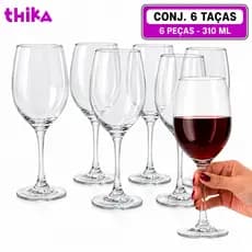 Jogo 6 Taças de Vidro 310ml Thika Taça Vinho Água Sobremesa Cristal Luxo Reforçada