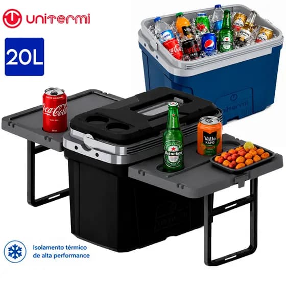 Caixa Termica 20L Unitermi Jurerê 2 Mesas Lateral Multifuncional Dobrável Cooler Portatil Porta Copo