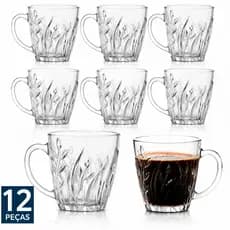 Jogo 12 Xícara Flora Elegante Vidro 200ml Caneca Design Flor Café Chá Alça Resistente