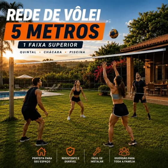 Rede Vôlei 5 Metros Recreação Polietileno Alta Resistência 1 Faixa Superior Fácil Instalação Lazer