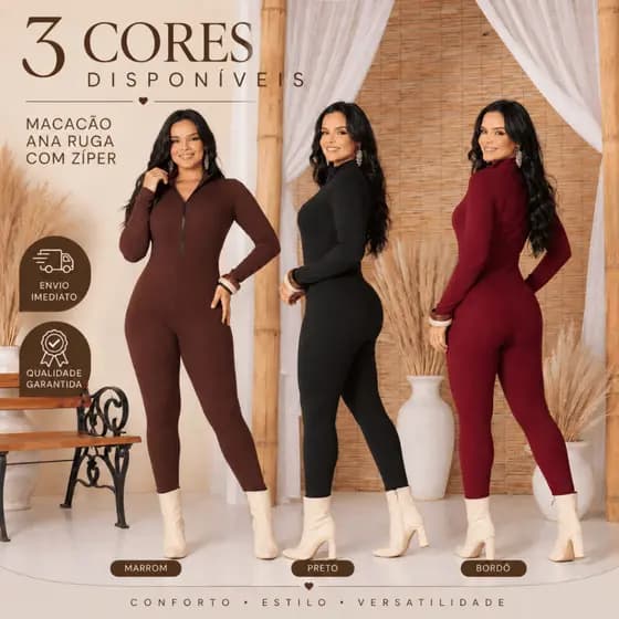 Macacão Feminino Ana Ruga Gola Alta Zíper Frontal Manga Longa Premium Anarruga Modela Corpo Inverno
