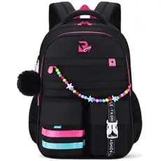 Mochila Escolar Feminina Preta Fofa com Pompom, Impermeável, Reforçada e Confortável para escola ou Viagem