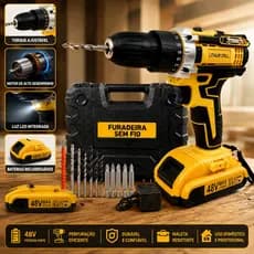 Parafusadeira Furadeira Sem Fio 48V - Bivolt, 2 Baterias, Estojo de Ferramentas e Acessórios Completos