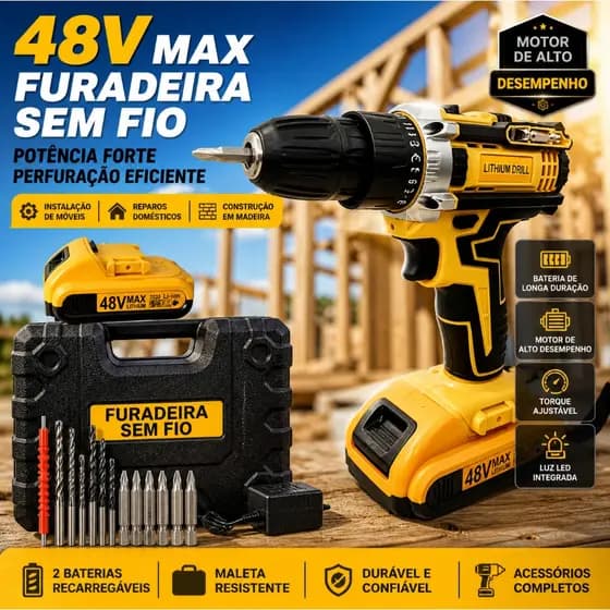 Parafusadeira Furadeira e Chave de Fenda Sem Fio 48V, Tensão Dupla, Recarregável, 2 Baterias Maleta de Transporte.