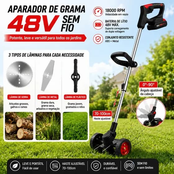 Roçadeira Aparador De Grama Sem Fio 48V Com 2 Baterias De Lítio E Acessórios Completos| Roçadeira Elétrica Portátil