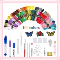 136 Kit Agulha Magica Ponto Russo + Linhas 100 Cores Linhas Ideal Para Iniciantes