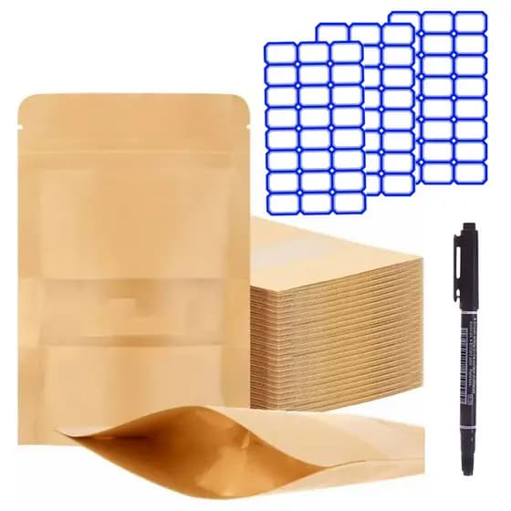 Pacote de 50 unidades de saco Stand-Up de papel Kraft fosco, janela, zíper e saco selado, adequado para sobremesa requin