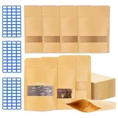 Pacote de 50 peças Saco autônomo de papel Kraft com janela, zíper e saco selado, tamanho 20x30 + 5cm, fosco, saco autôno