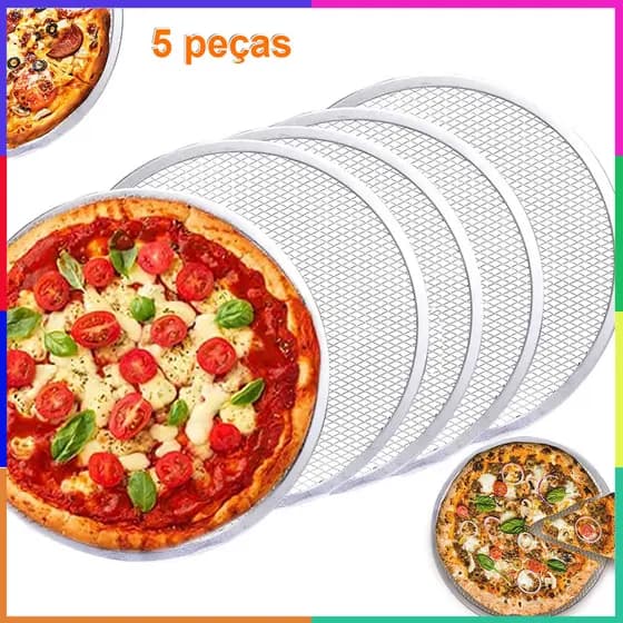 Conjunto de 5 bandejas de pizza redondas de alumínio de 35.5 cm com furos, bandejas de pizza sem costura para forno