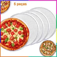 Conjunto de 5 bandejas de pizza redondas de alumínio de 35.5 cm com furos, bandejas de pizza sem costura para forno