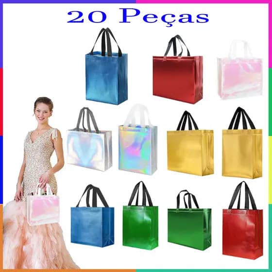 Pacote com 20 sacos reutilizáveis não tecidos, sacolas para compras de supermercado com alças, sacolas de presente