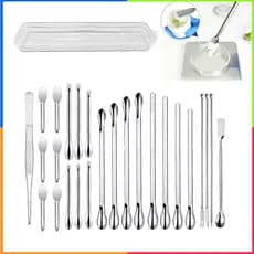 24 peças Mini colher de laboratório pequena espátula de mistura com pinça + caixa de armazenamento
