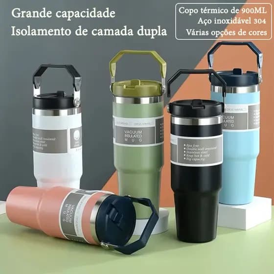 Copo Térmico Aço Inoxidável 900ML Com Alça Flip Tumbl Com Canudo P/ Academia Trabalho Caminhada