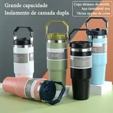 Copo Térmico Aço Inoxidável 900ML Com Alça Flip Tumbl Com Canudo P/ Academia Trabalho Caminhada