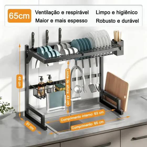 Escorredor de Louça Kitchen Rack Escorredor Organizador Pia Aço Inoxidável 65cm Preto