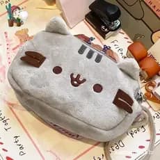 Estojo De Lápis De Gato Cinza De Desenho Animado , Caixa Com Rosto Sorridente , Grande Capacidade , Bolsa De Armazenamen