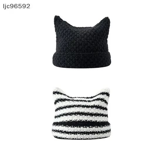 [ljc] Gorro De Orelha De Gato Fofo Chapéus De Crochê Para Mulheres Meninas Tricotados Y2K Listrado Inverno Quente Solto