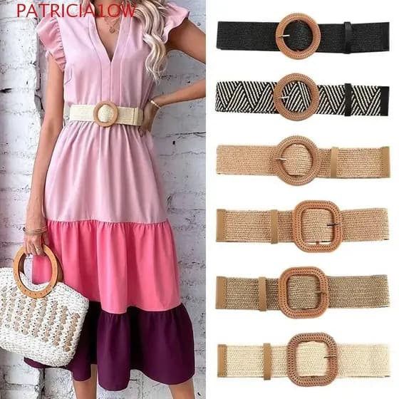 PATRICIA1OW Cinto De Palha , Fivela Quadrada , Elástico Largo Boêmio , Decoração Jeans
