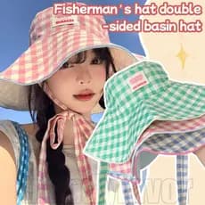 Chapéu De Pescador Xadrez De Aba Larga Para Meninas – Balde De Proteção Solar De Verão Coreano , Doce , Dobrável Sol Dup