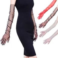 Luvas De Tule Malha Transparente Dedo Cheio Cotovelo Longas Cor Sólida Casamento Noiva Dirigir Protetor Solar Traje Fest