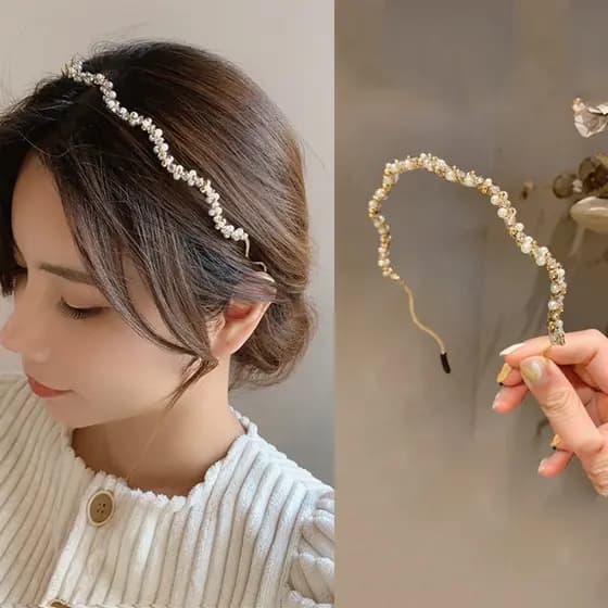 Coreano Liga Pérola Strass Onda Bandana Elegante Contas De Cristal Fino Faixa De Cabelo Mulher Acessórios Para O
