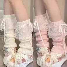 1-4 Pares De Meias Longas De Malha Com Fita De Renda Lolita Y2K-Aquecedores De Pernas Femininos JK Outono Inverno-Estilo