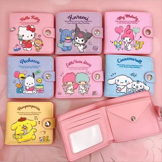 Sanrio Hello Kitty Pequena Carteira Curta Para Meninas Saco Kuromi Cinnamoroll Pom Moeda Bolsa Com Botões Carteiras Dobr