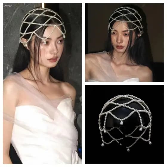 (WTED) Elegante Pérolas Tecer Chapéu Retro Malha Cocar Imitação Pérola Testa Corrente Headpiece Requintado Noiva Acessór