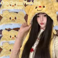 Gorro de Pelúcia Urso de Manteiga de Desenho Animado - Gorro Fofo e Peludo - Quente e Grosso - Proteção para as Orelhas