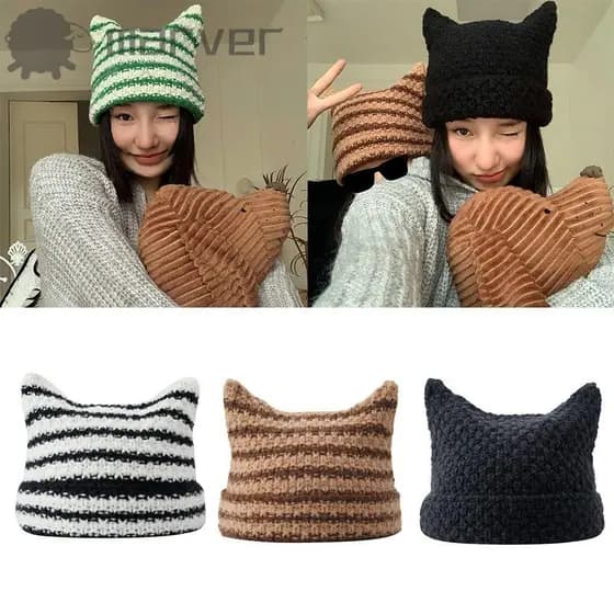 MARVER Ins Little Devil Outono Inverno Skullies Boné Pulôver Apontado Unissex Listrado