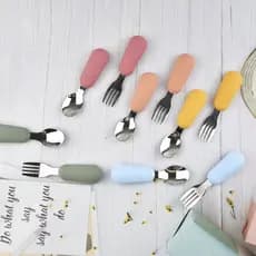 2PCS Colher De Silicone Para Bebês Crianças Garfo Aço Inoxidável Treinamento De Alimentação De Talheres