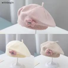 Boina infantil com flores, cor sólida, gorro de inverno quente e tricotado, adequado para meninas coreanas, princesas e
