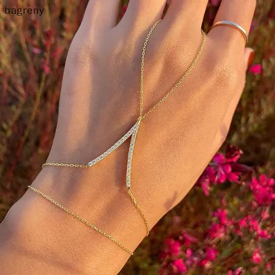 [bagreny] Retro Simples Strass Luvas Dedo Pulseira Jóias Para Mulheres Boho Moda V Forma Acessórios De Mão Presente BR