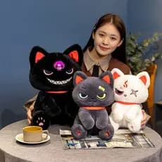 Interessante Brinquedo de Pelúcia de Gato Preto Sentado, Boneca de Pelúcia de Demônio Preto e Branco, Presente para Cria