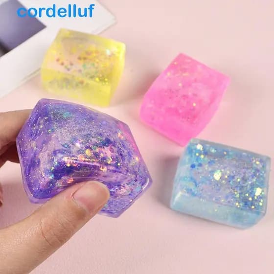 CORDELLUF Cubo Transparente Fidget Toy , Mochi Ice Block Glitter Colorido Simulado Tofu