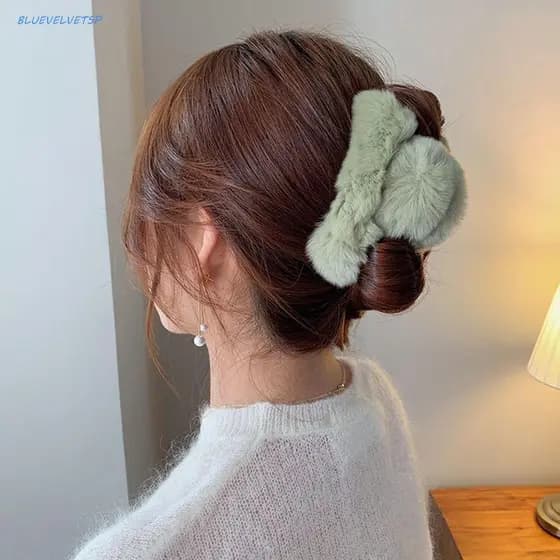 BLUEVELVETSP Garra De Cabelo De Pelúcia Doce Cor Pura Pele De Coelho Outono Inverno Headwear All-match Acessórios Femini