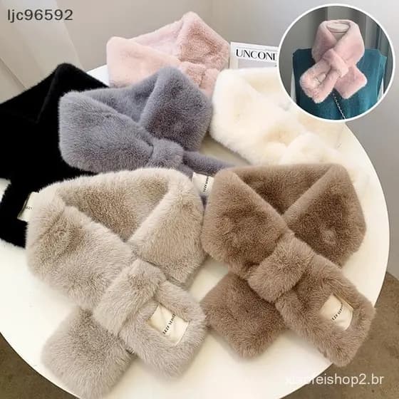 [ljc] Lenço De Gola De Pele Fofo Feminino Manter Quente Espessamento Sjaal Colorido Cruz Inverno Cachecol Outono Sintéti